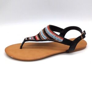 Top Moda Shoes Womens HW-7 Black 7 Beaded Thong Sandals Buckle Strap Flat NEW